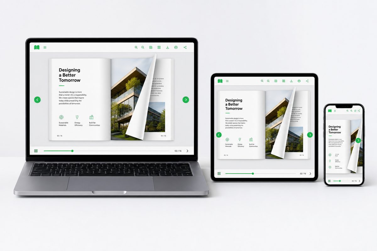 Flipbook open on laptop, tablet, and phone, responsive across devices