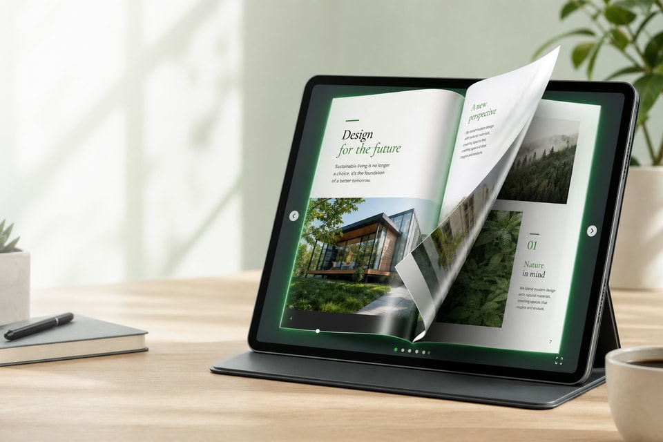 Interactive flipbook with a natural page-turn — more engaging than a static PDF